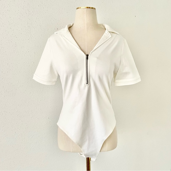 AND NOW THIS Size Medium White Collared Short Sleeve Ponte Knit Bodysuit Top Jrs - Picture 1 of 9